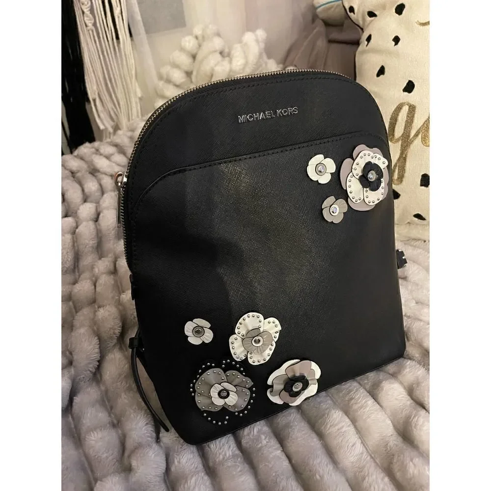 Black leather MIchael Kors emmy lg backpackw/tea flower roses